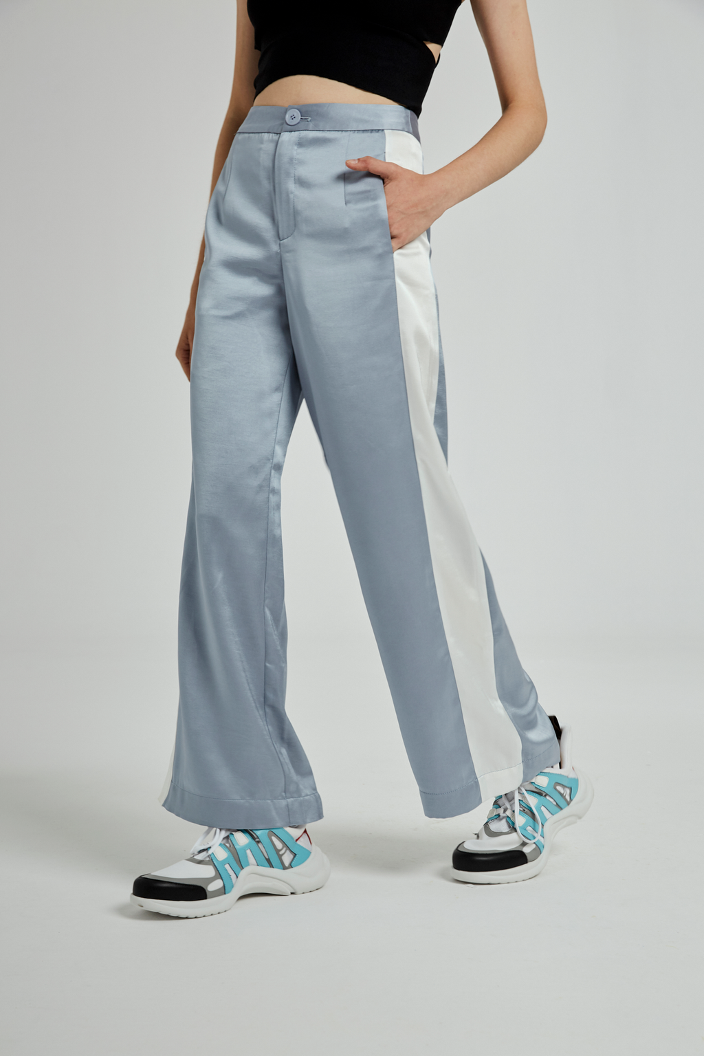 BLUE SILK WIDE LEG PANTS